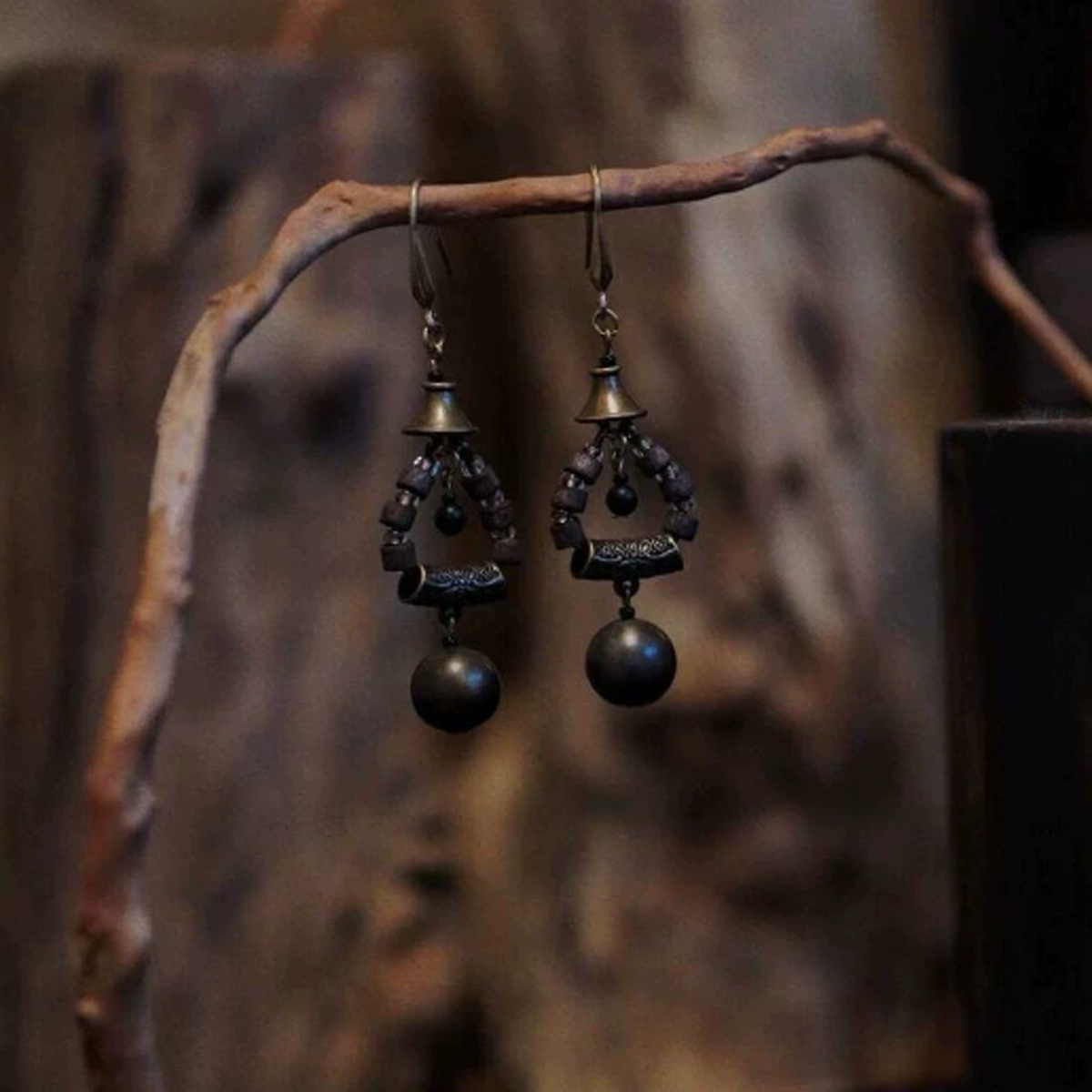 Handmade Vintage Antique Bronze Wooden Bead Bell Drop Earrings