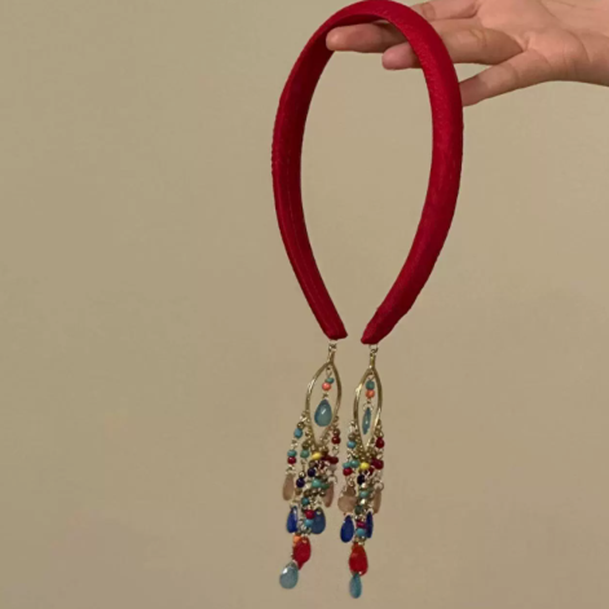 Bohemian Crimson Red Velvet Headband with Beaded Tassel Dangles