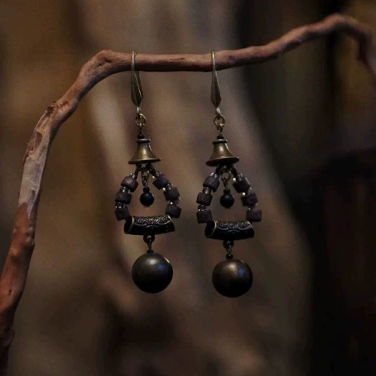 Handmade Vintage Antique Bronze Wooden Bead Bell Drop Earrings