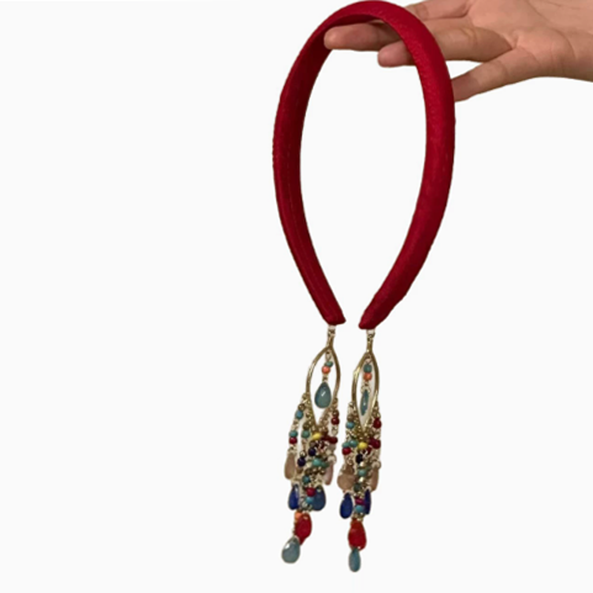 Bohemian Crimson Red Velvet Headband with Beaded Tassel Dangles