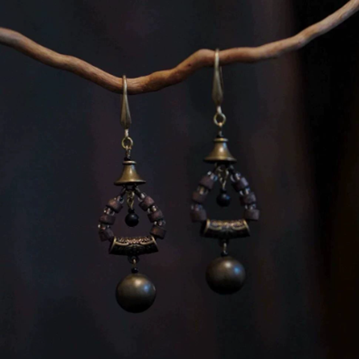 Handmade Vintage Antique Bronze Wooden Bead Bell Drop Earrings