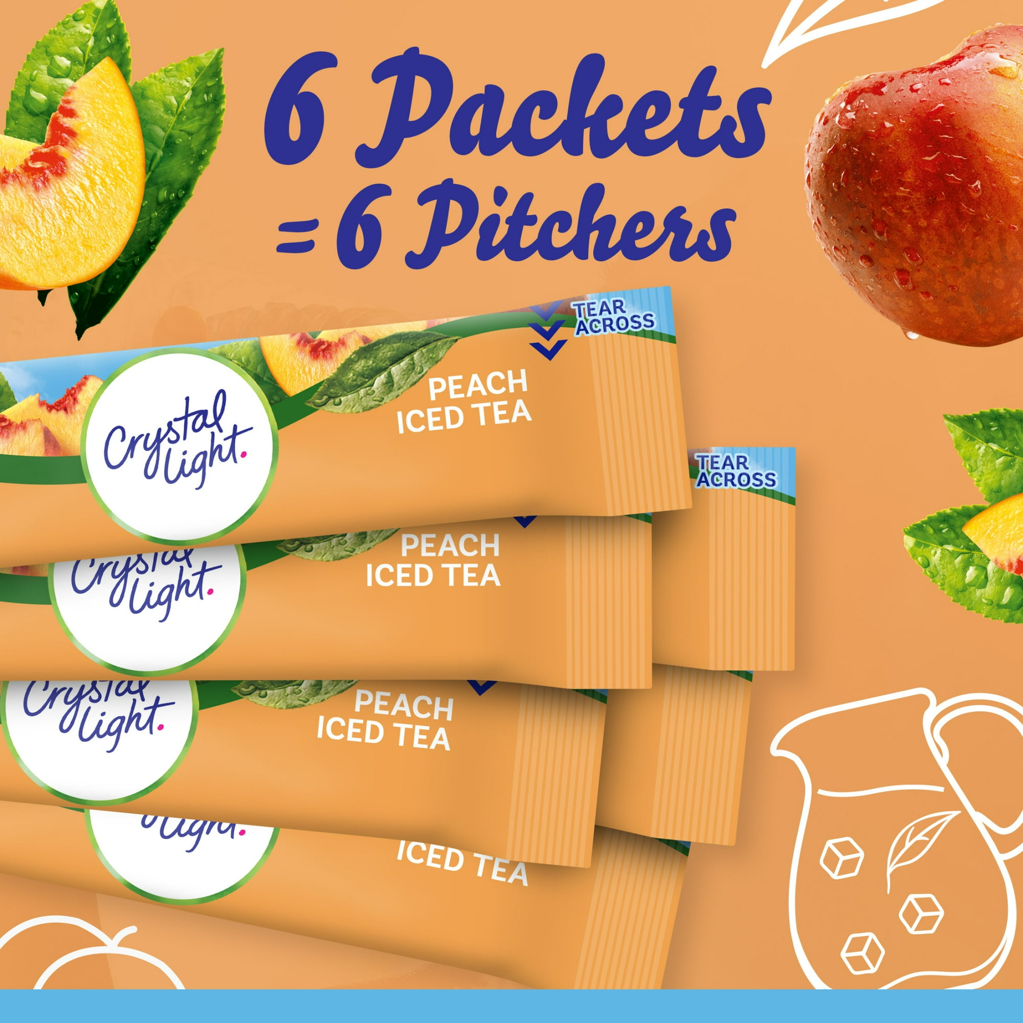 Crystal Light Peach Iced Tea Artificially Flavored Powdered Drink Mix, 6 Count Pitcher Packets