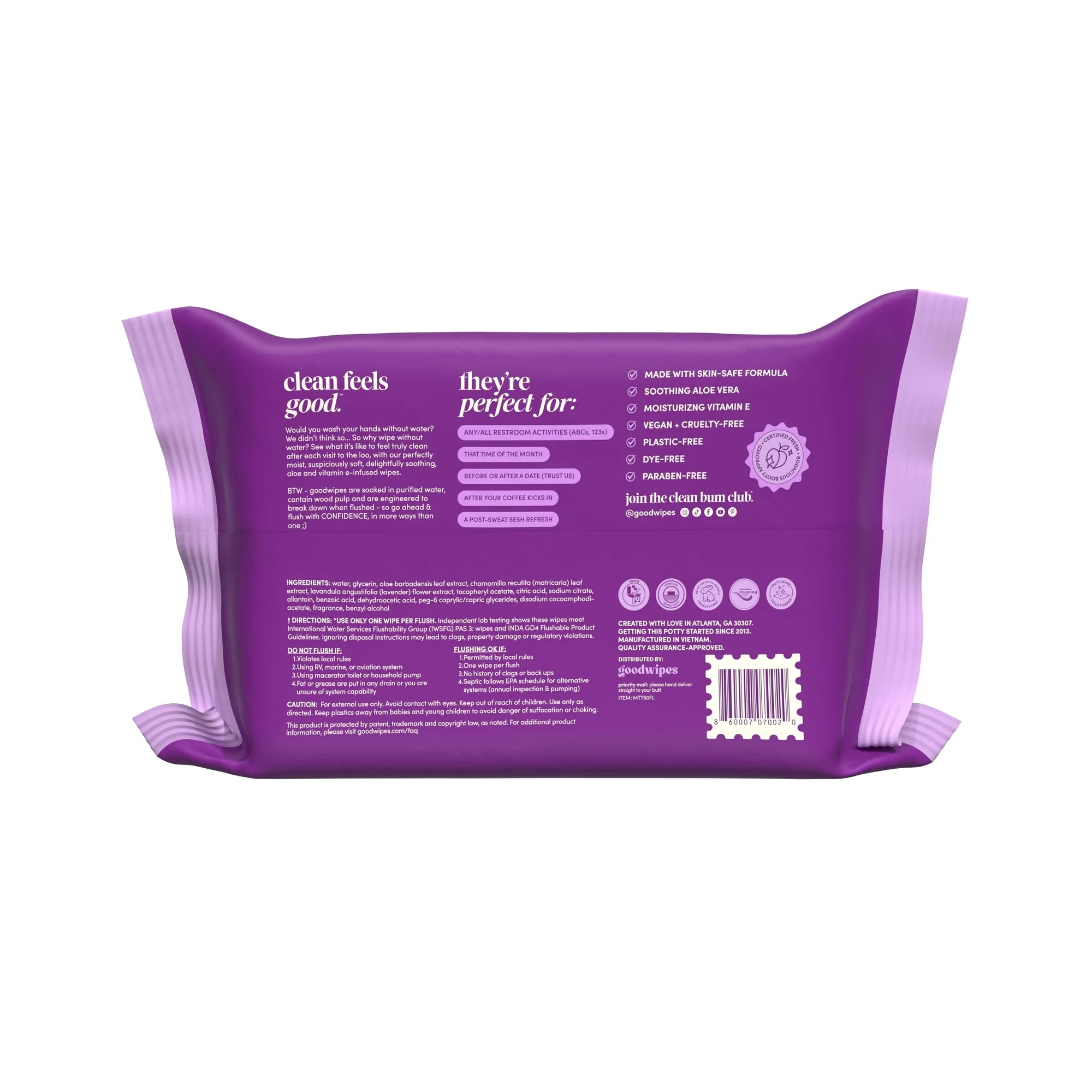 Goodwipes Flushable Butt Wipes, Plant Based Lavender Scented, 1pack, 50 Personal hygiene Total Wipes