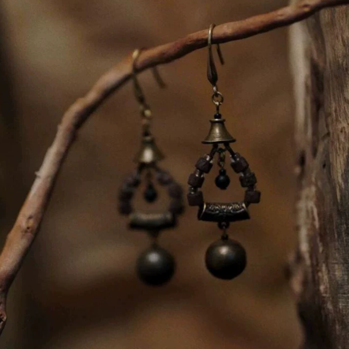 Handmade Vintage Antique Bronze Wooden Bead Bell Drop Earrings