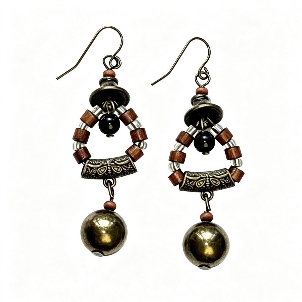Handmade Vintage Antique Bronze Wooden Bead Bell Drop Earrings